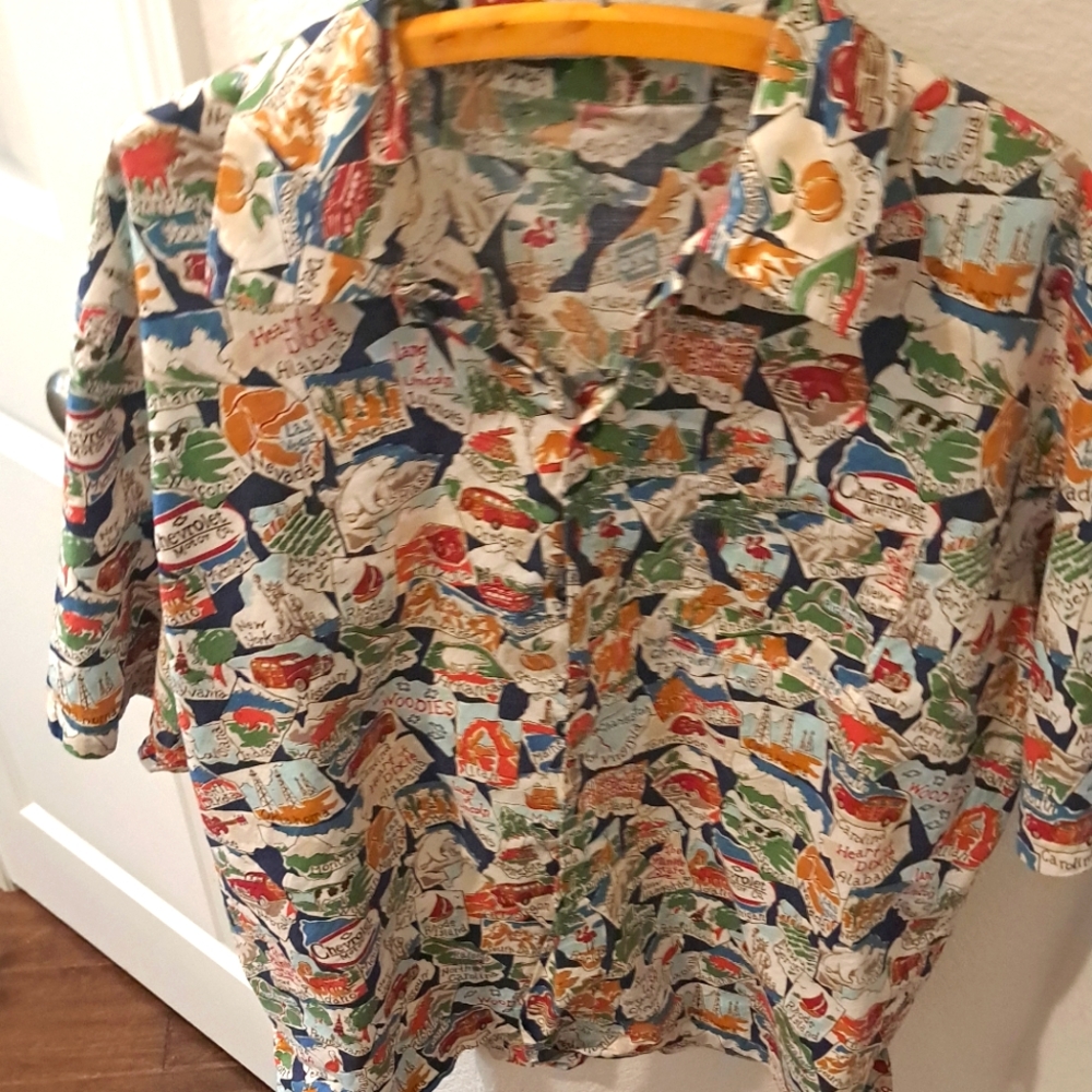 Red and Blue Casual Button Down Shirt with Vibrant Camo Design